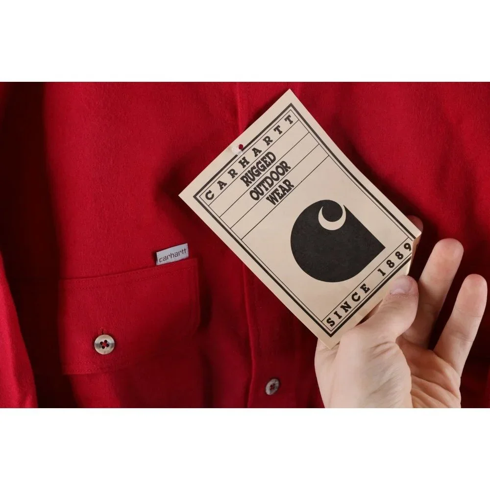 NOS Vtg 90s Carhartt Mens 4XL Double Pocket Chamois Cloth Button Shirt Red USA - Picture 4 of 8